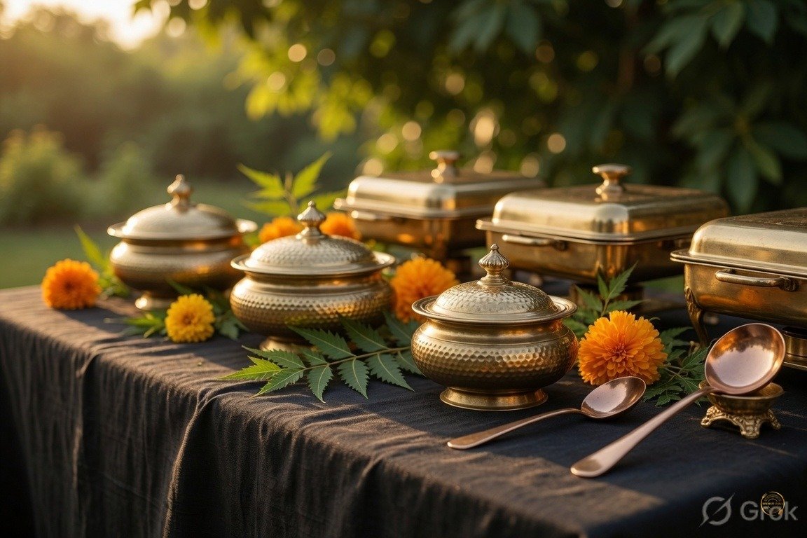 Premium corporate buffet setup at an outdoor offsite venue near Bangalore — brass serving vessels and marigold decor